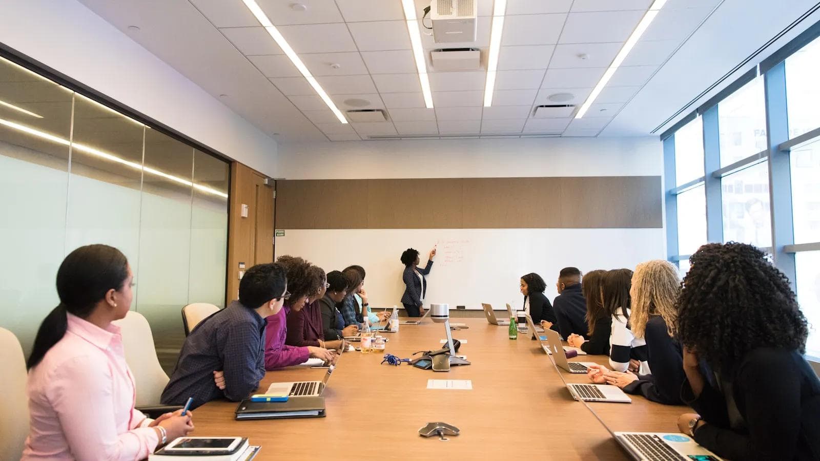 Sales manager coaching a field sales team during a group review session