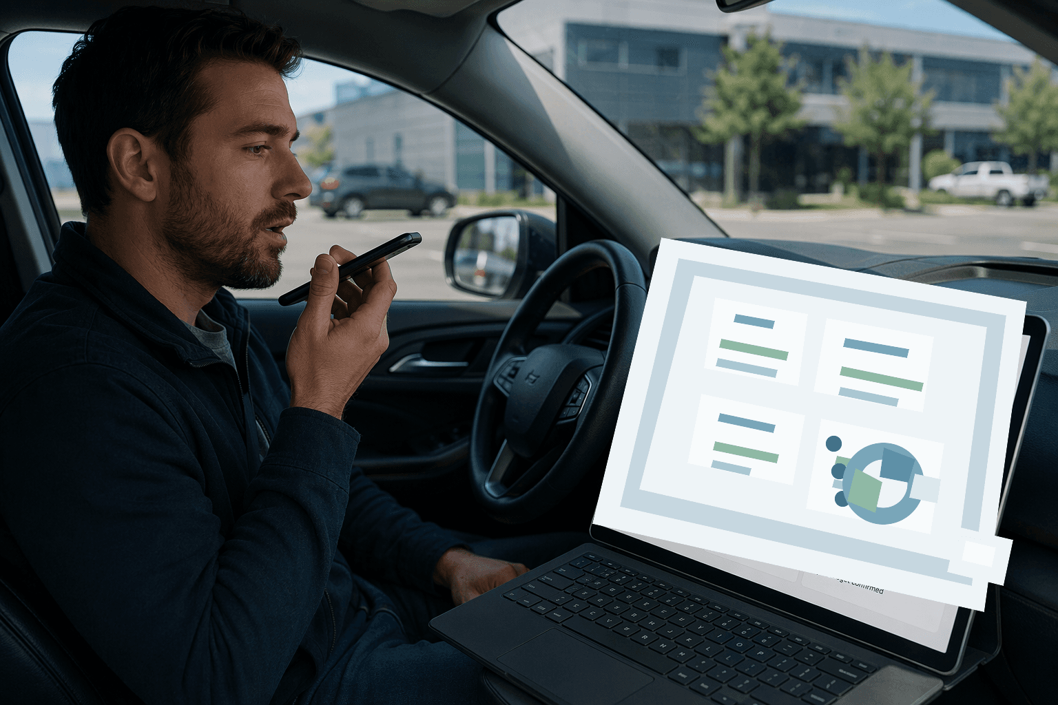 Field sales rep recording a voice note after a customer visit with a visit report checklist on a tablet